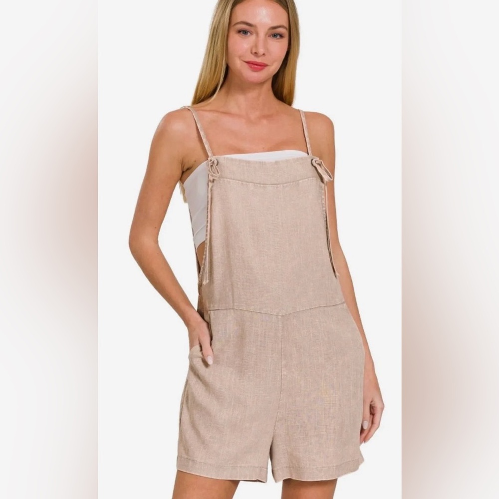 Zenana Ash Mocha Washed Linen Knot Strap Rompers various sizes